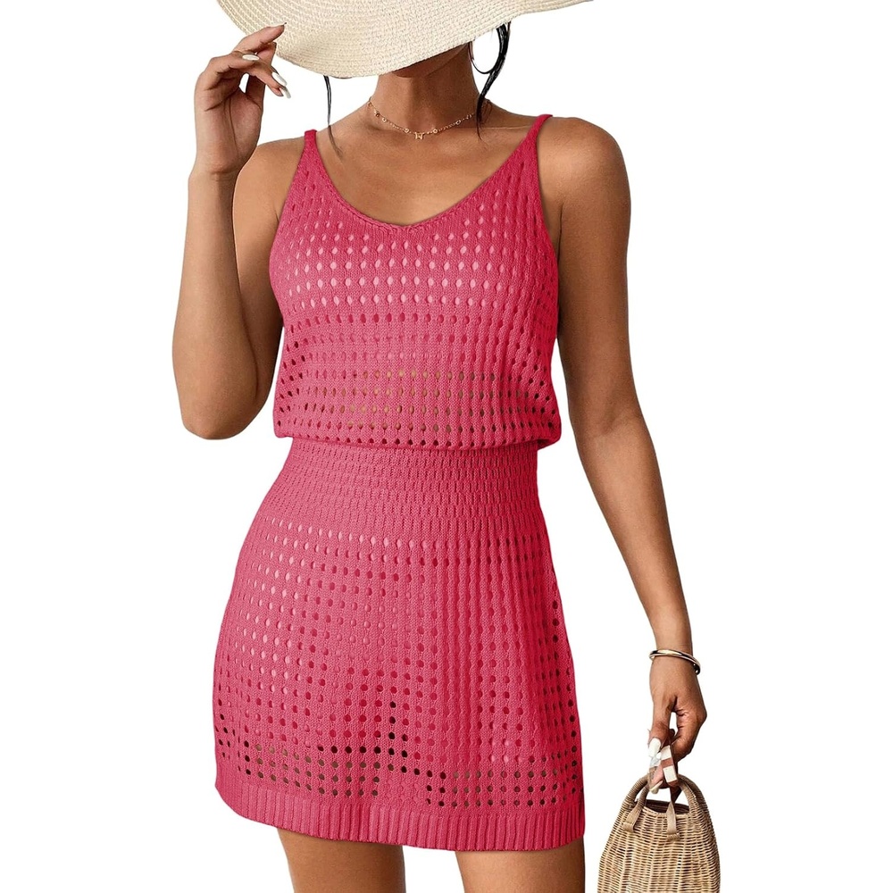 image:imageDokotoo Beach Cover Ups for Women 2026 Crochet Knit Coverup DressRose Red