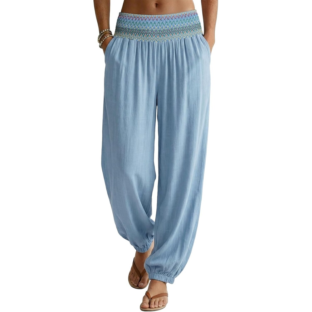 image:imageDokotoo Beach Pants Women Smocked Waist Harem Boho Flowy Pants with PocketsBeau Blue