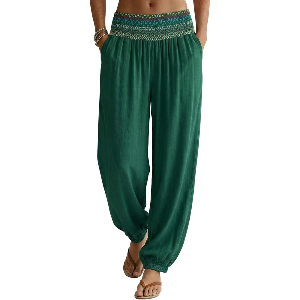 image:imageDokotoo Beach Pants Women Smocked Waist Harem Boho Flowy Pants with PocketsDark Green