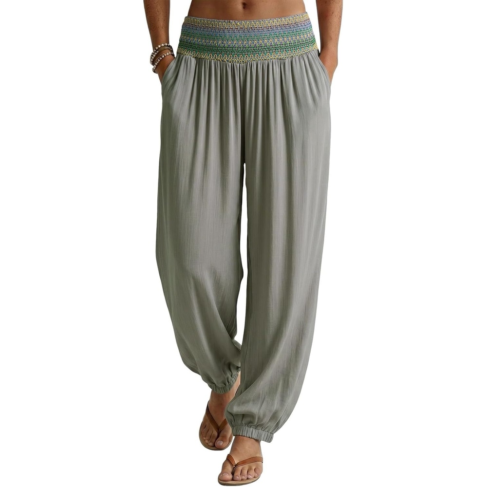 image:imageDokotoo Beach Pants Women Smocked Waist Harem Boho Flowy Pants with PocketsGray