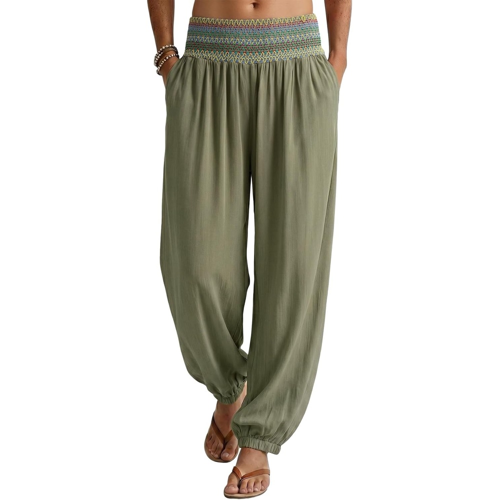 image:imageDokotoo Beach Pants Women Smocked Waist Harem Boho Flowy Pants with PocketsJungle Green
