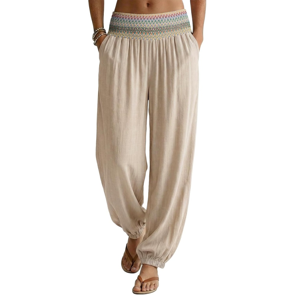 image:imageDokotoo Beach Pants Women Smocked Waist Harem Boho Flowy Pants with PocketsParchment