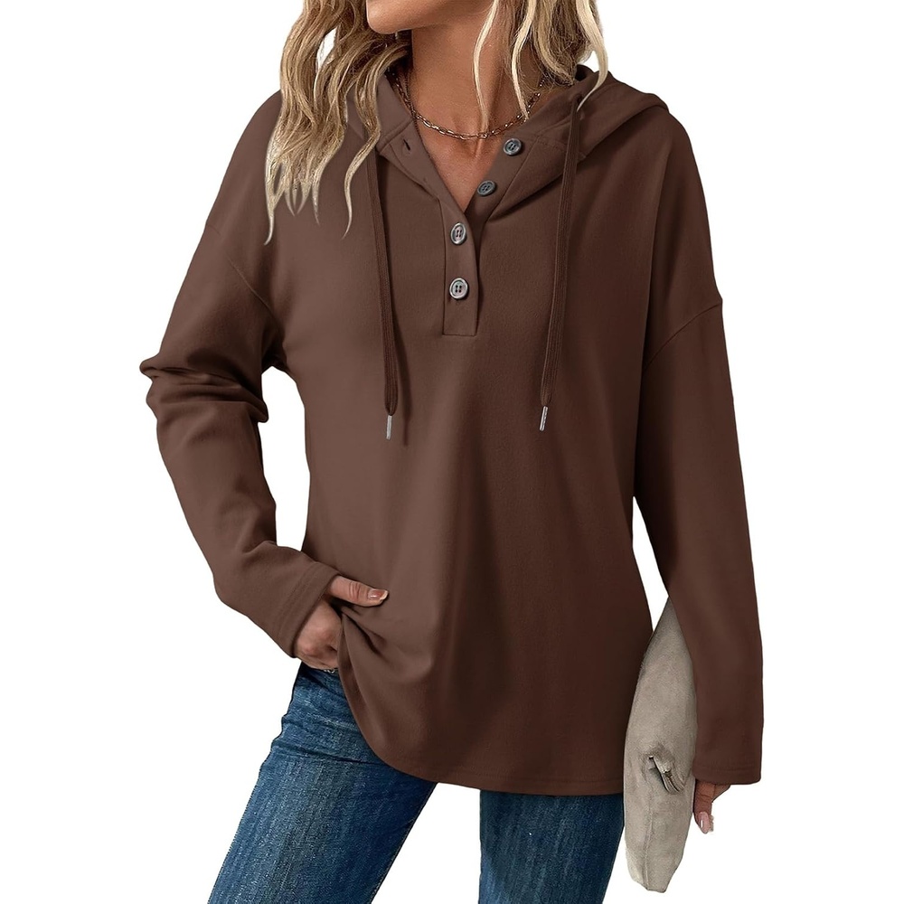 image:imageDokotoo Hoodies for Women Long Sleeve Drawstring Button V Neck Fleece Casual Lightweight Pullover Sweatshirt Hooded TopsBrown