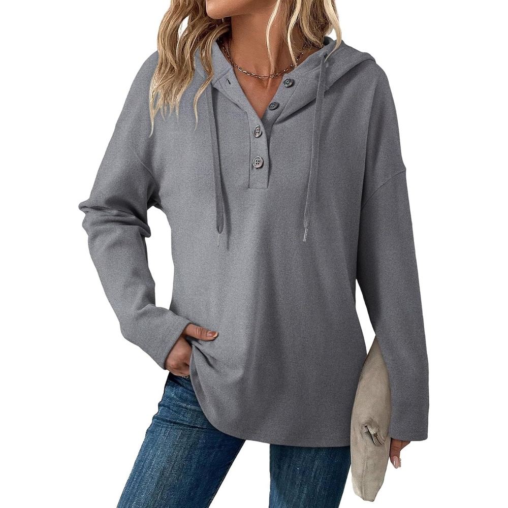 image:imageDokotoo Hoodies for Women Long Sleeve Drawstring Button V Neck Fleece Casual Lightweight Pullover Sweatshirt Hooded TopsGrey