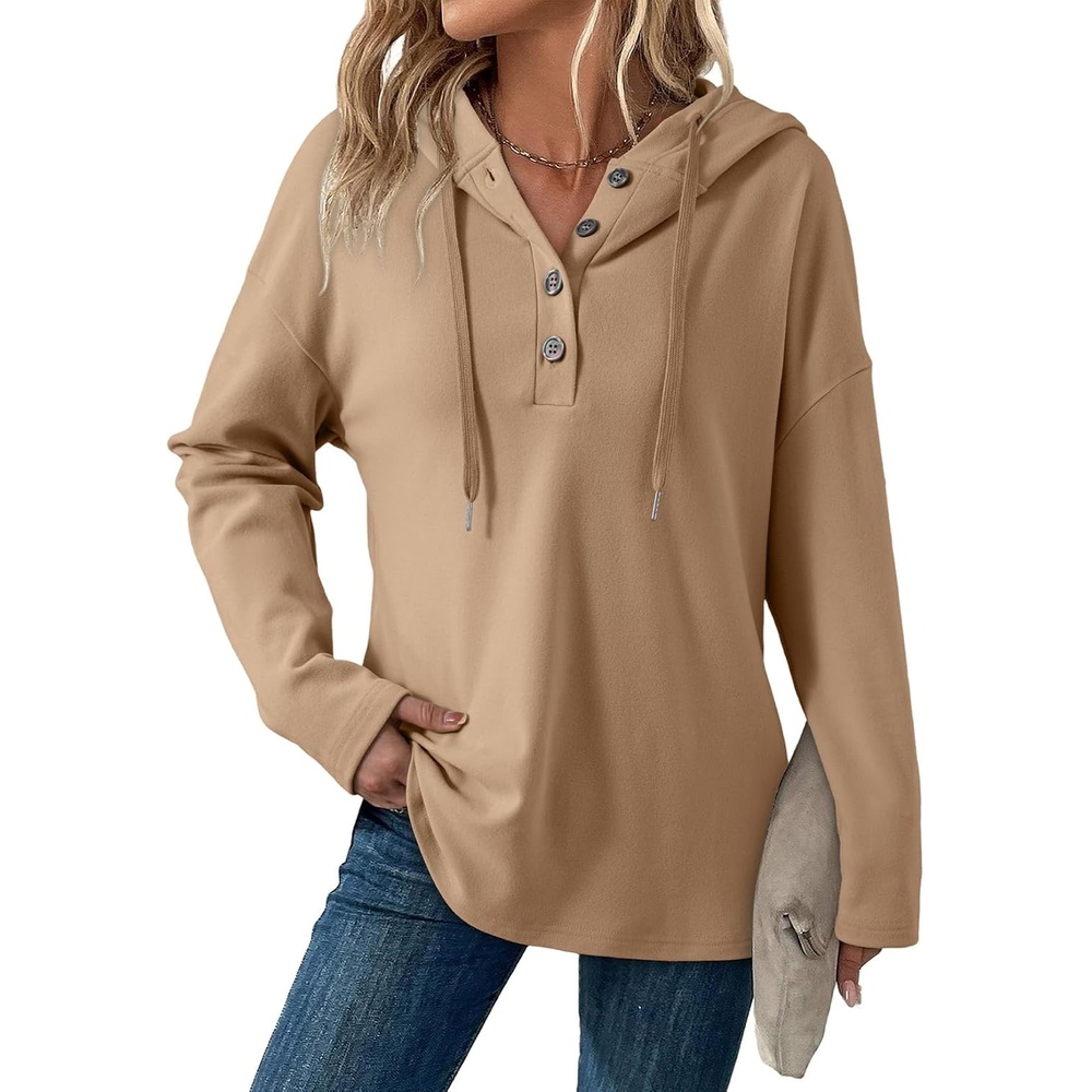 image:imageDokotoo Hoodies for Women Long Sleeve Drawstring Button V Neck Fleece Casual Lightweight Pullover Sweatshirt Hooded TopsKhaki