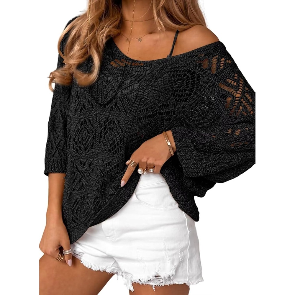 image:imageDokotoo Womens 2026 Spring Summer Crochet Hollow Out 34 Sleeve Pullover Sweater Off Shoulder TShirtsBlack