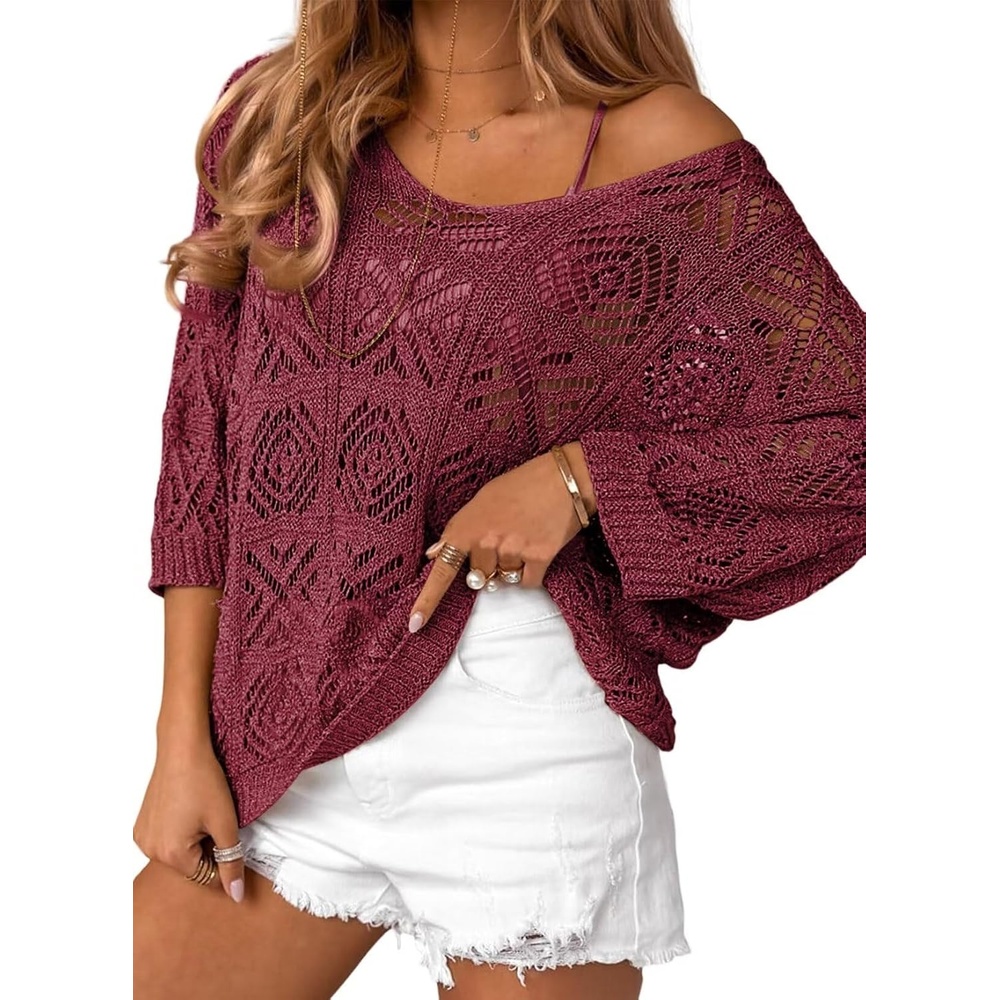 image:imageDokotoo Womens 2026 Spring Summer Crochet Hollow Out 34 Sleeve Pullover Sweater Off Shoulder TShirtsBurgundy