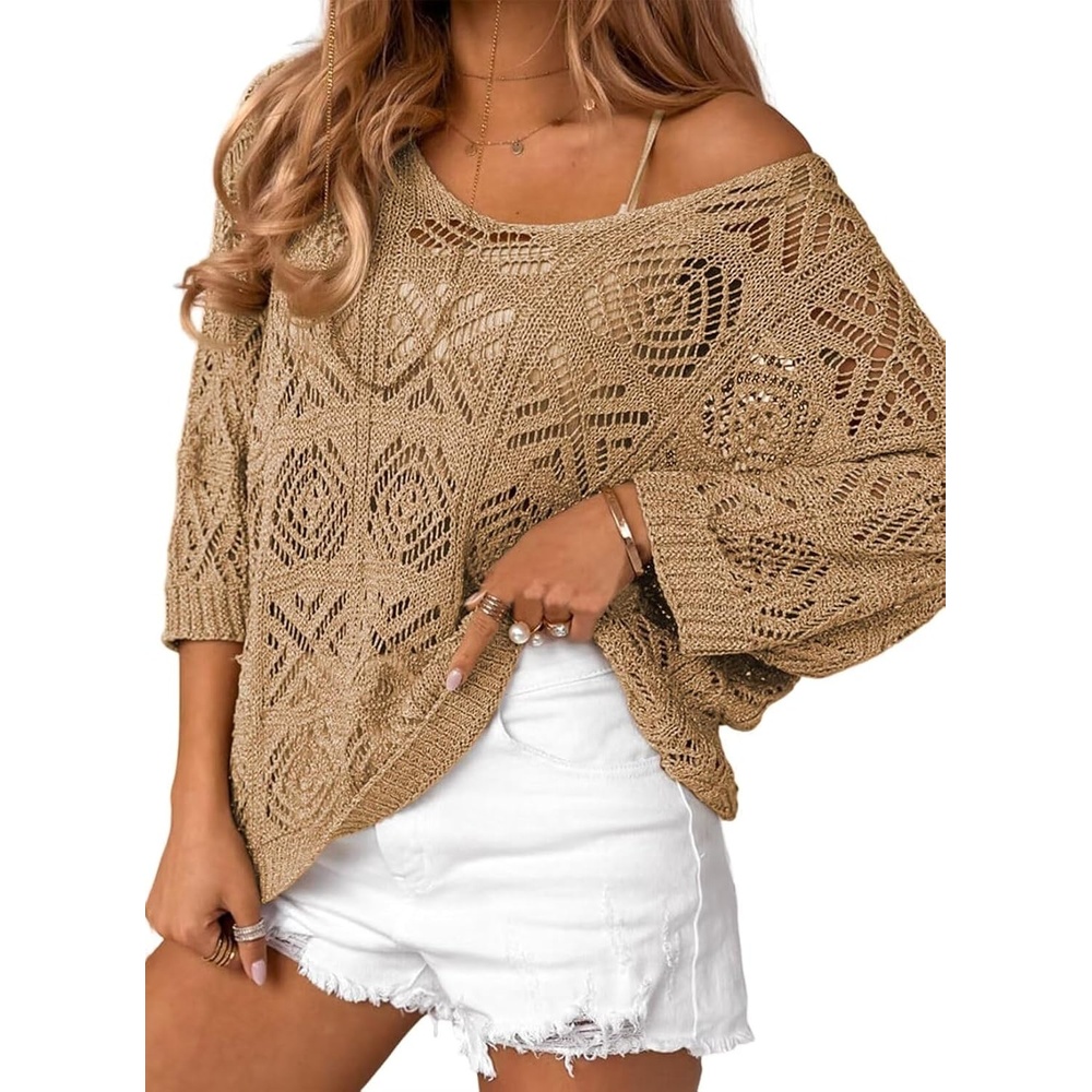 image:imageDokotoo Womens 2026 Spring Summer Crochet Hollow Out 34 Sleeve Pullover Sweater Off Shoulder TShirtsCamel
