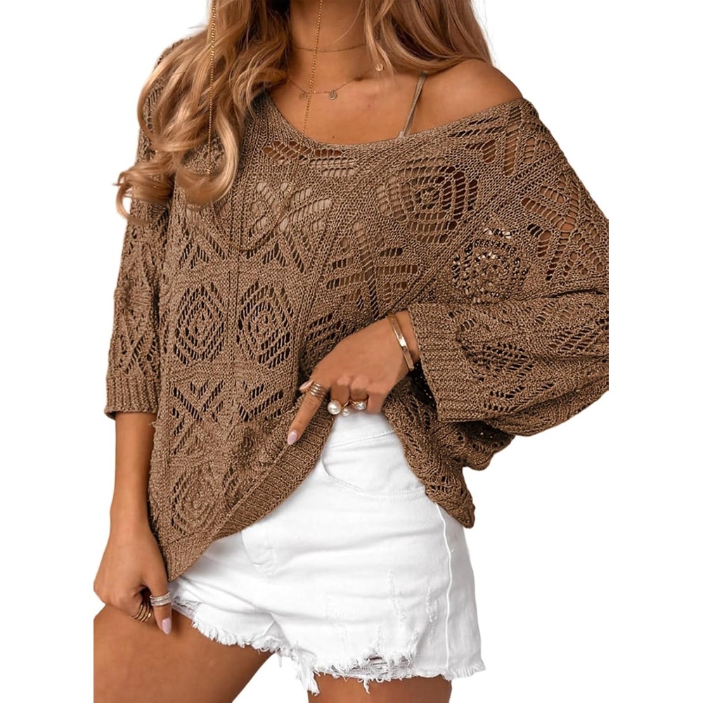 image:imageDokotoo Womens 2026 Spring Summer Crochet Hollow Out 34 Sleeve Pullover Sweater Off Shoulder TShirtsChestnut