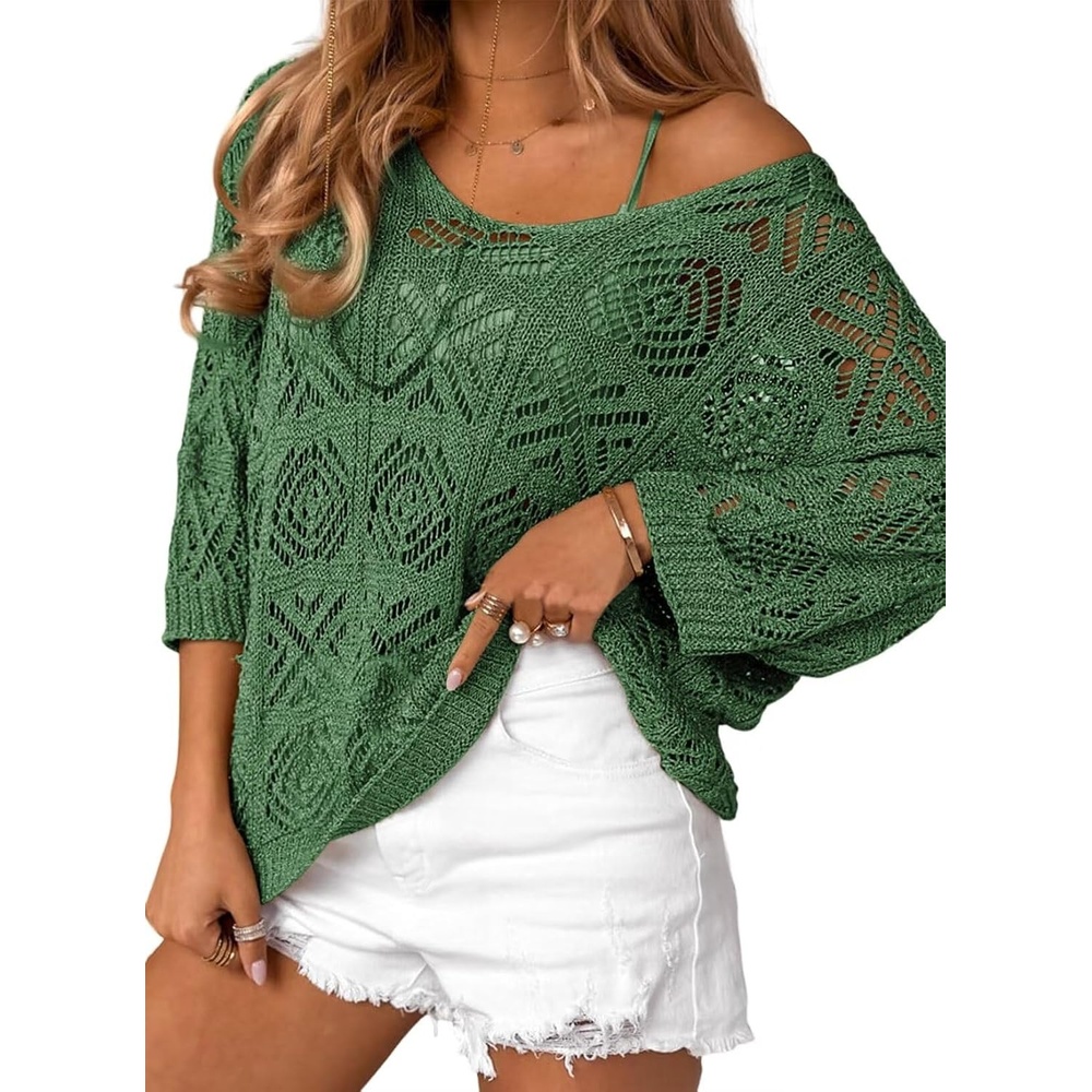 image:imageDokotoo Womens 2026 Spring Summer Crochet Hollow Out 34 Sleeve Pullover Sweater Off Shoulder TShirtsDark Green