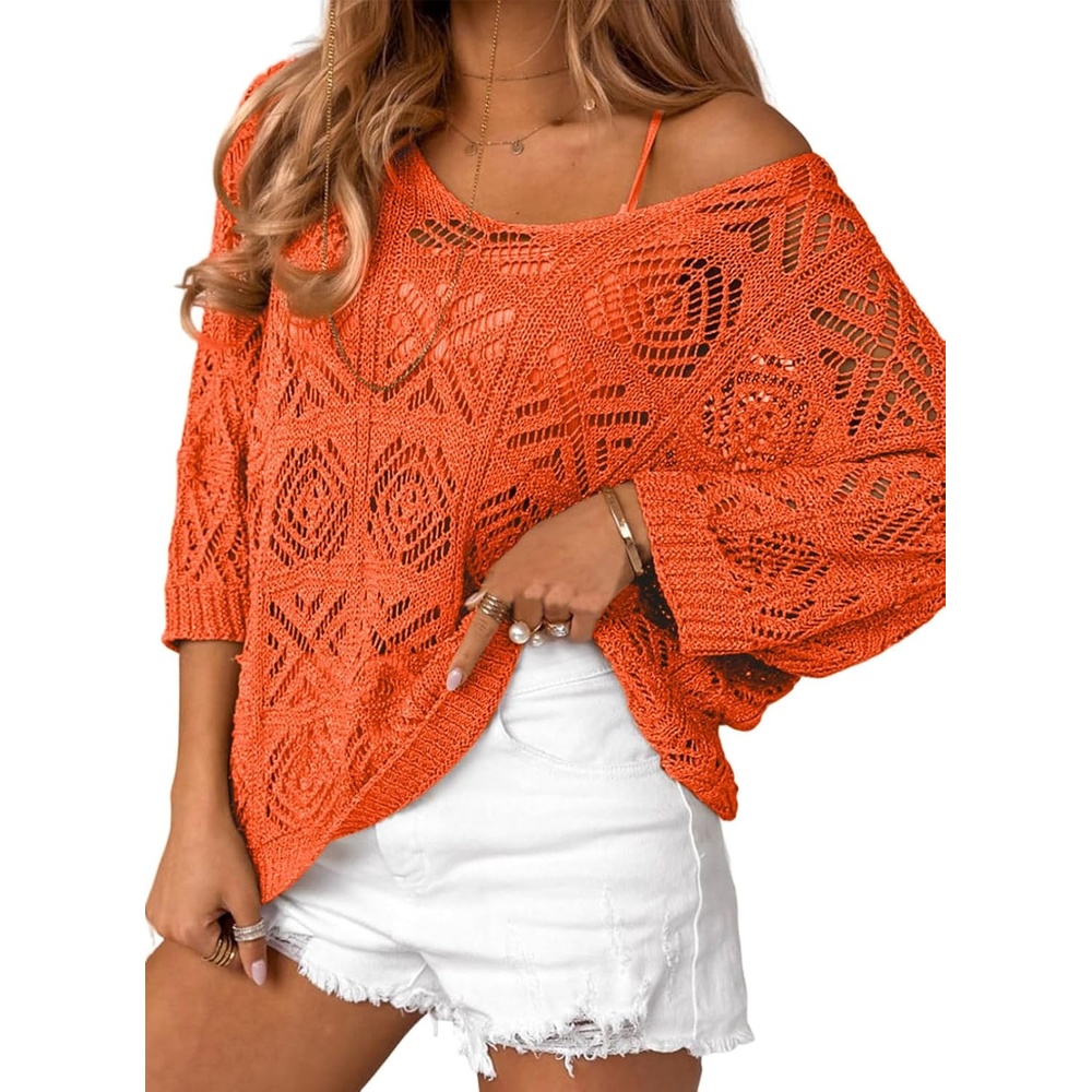 image:imageDokotoo Womens 2026 Spring Summer Crochet Hollow Out 34 Sleeve Pullover Sweater Off Shoulder TShirtsFlamingo