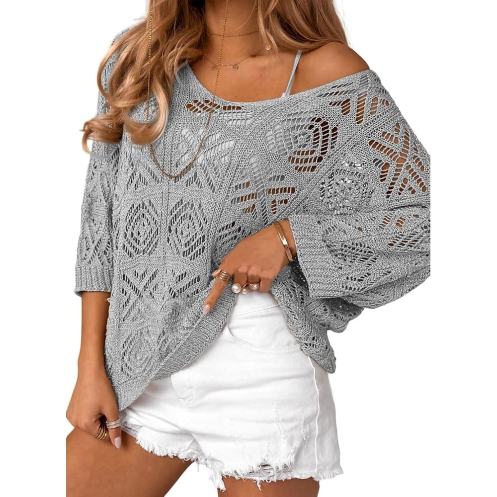 image:imageDokotoo Womens 2026 Spring Summer Crochet Hollow Out 34 Sleeve Pullover Sweater Off Shoulder TShirtsGray