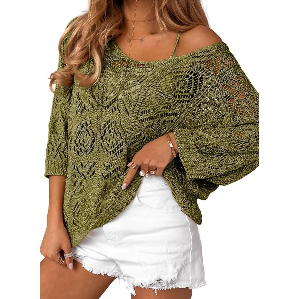 image:imageDokotoo Womens 2026 Spring Summer Crochet Hollow Out 34 Sleeve Pullover Sweater Off Shoulder TShirtsJungle Green