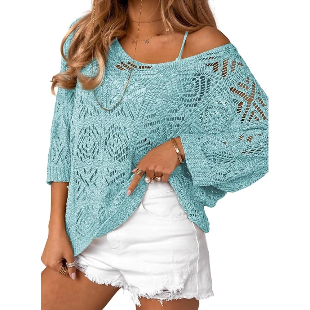image:imageDokotoo Womens 2026 Spring Summer Crochet Hollow Out 34 Sleeve Pullover Sweater Off Shoulder TShirtsLight Blue
