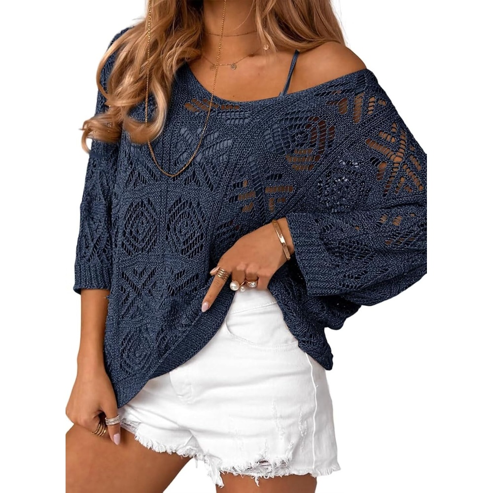 image:imageDokotoo Womens 2026 Spring Summer Crochet Hollow Out 34 Sleeve Pullover Sweater Off Shoulder TShirtsNavy Blue