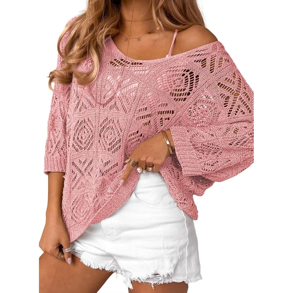image:imageDokotoo Womens 2026 Spring Summer Crochet Hollow Out 34 Sleeve Pullover Sweater Off Shoulder TShirtsPink