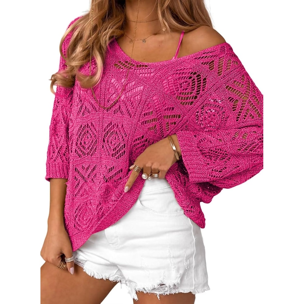 image:imageDokotoo Womens 2026 Spring Summer Crochet Hollow Out 34 Sleeve Pullover Sweater Off Shoulder TShirtsRose Red