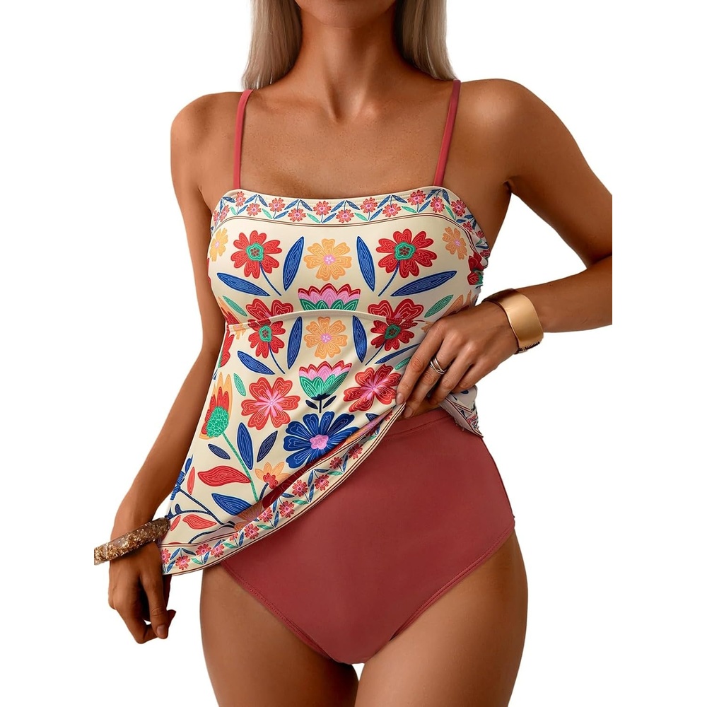 image:imageDokotoo Womens Boho Floral Tankini Set 2 Piece Swimsuits 2026 BeachwearRed