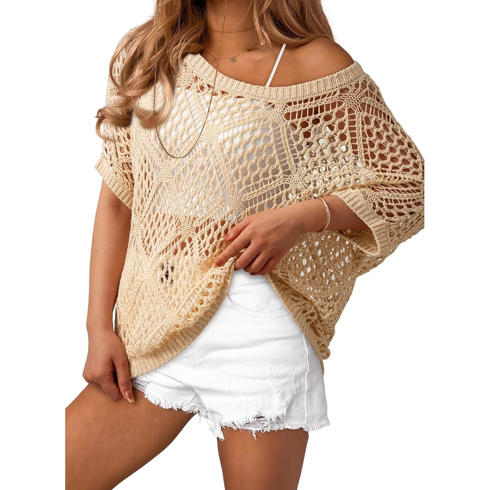 image:imageDokotoo Womens Crochet Cover Up Tops Summer Short Sleeve Off Shoulder Sweater Shirts Beach Swimsuit CoverupApricot