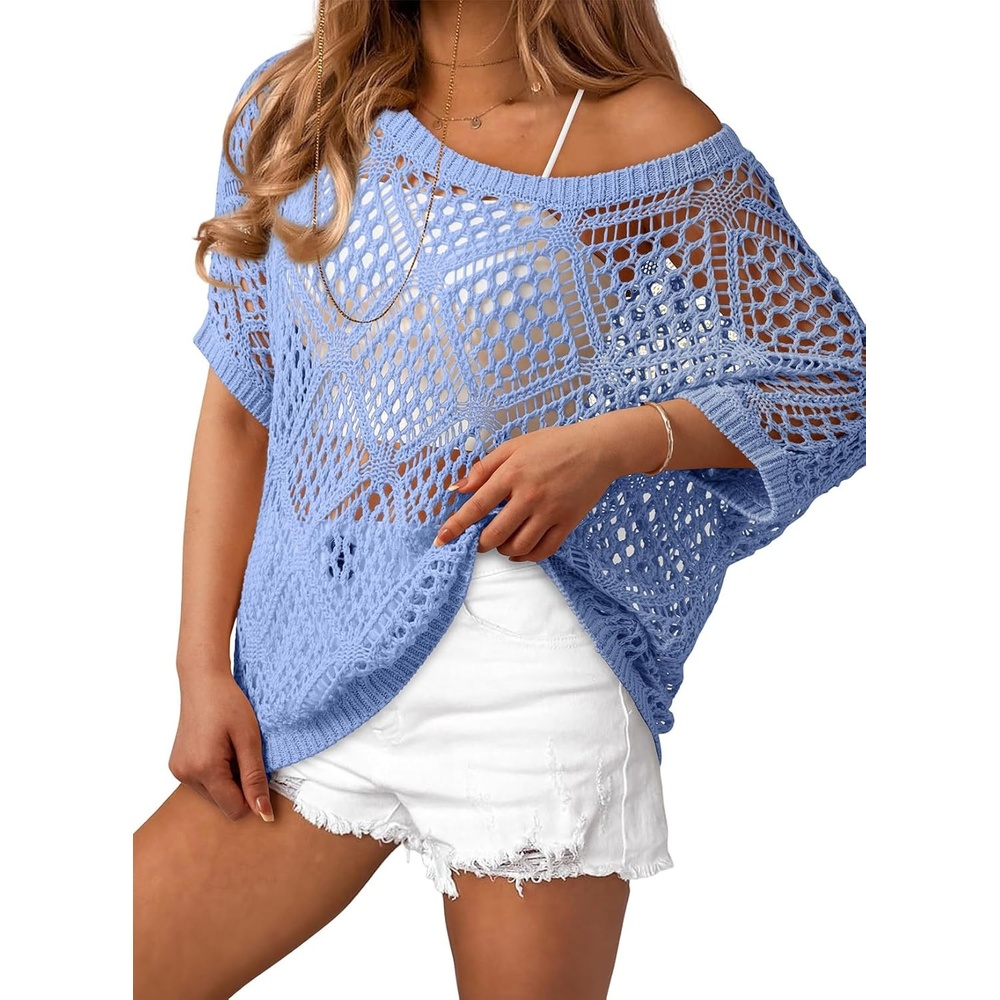 image:imageDokotoo Womens Crochet Cover Up Tops Summer Short Sleeve Off Shoulder Sweater Shirts Beach Swimsuit CoverupBeau Blue