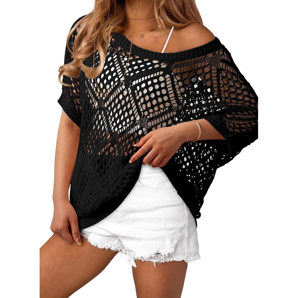 image:imageDokotoo Womens Crochet Cover Up Tops Summer Short Sleeve Off Shoulder Sweater Shirts Beach Swimsuit CoverupBlack