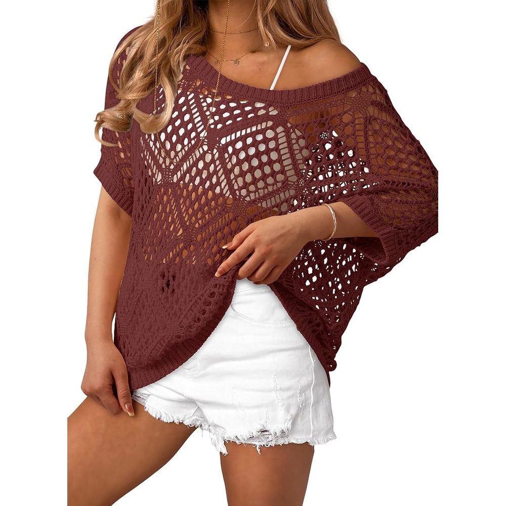 image:imageDokotoo Womens Crochet Cover Up Tops Summer Short Sleeve Off Shoulder Sweater Shirts Beach Swimsuit CoverupBurgundy