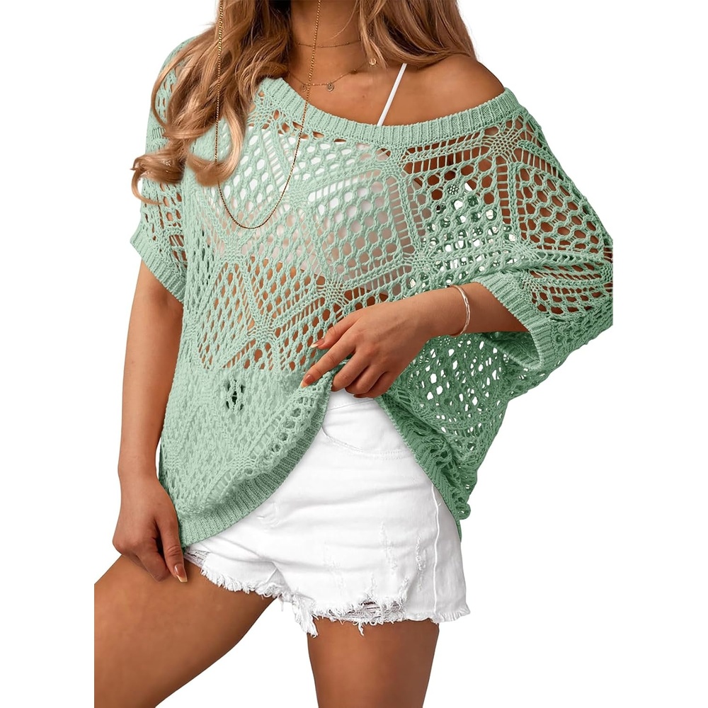 image:imageDokotoo Womens Crochet Cover Up Tops Summer Short Sleeve Off Shoulder Sweater Shirts Beach Swimsuit CoverupCanton