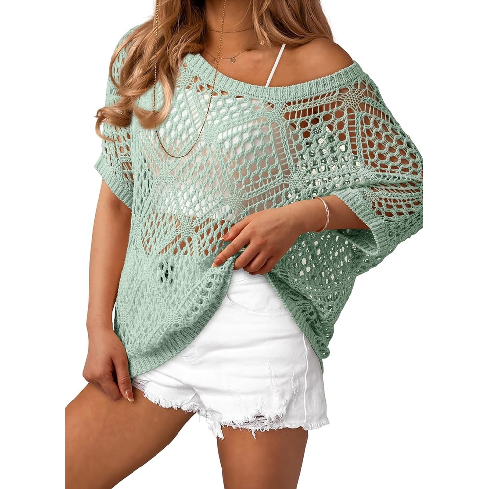 image:imageDokotoo Womens Crochet Cover Up Tops Summer Short Sleeve Off Shoulder Sweater Shirts Beach Swimsuit CoverupClearly Aqua