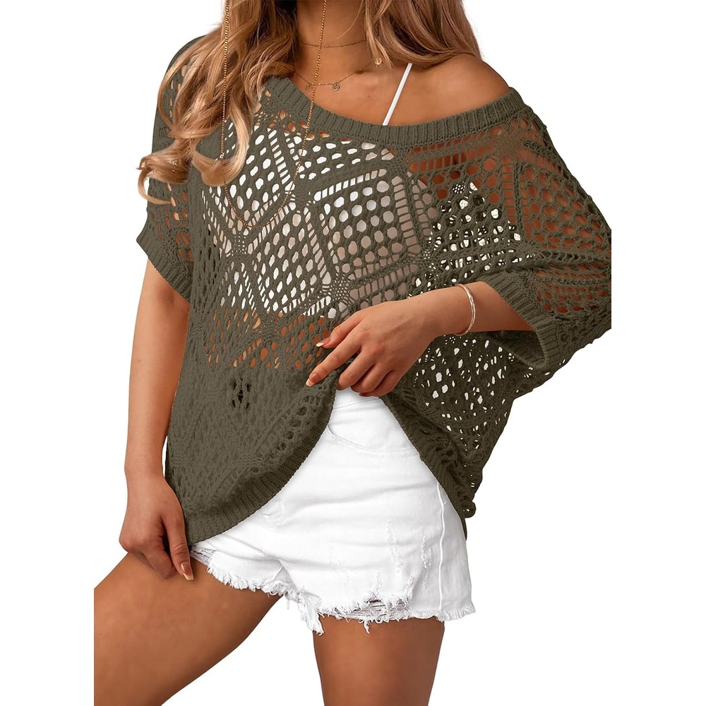 image:imageDokotoo Womens Crochet Cover Up Tops Summer Short Sleeve Off Shoulder Sweater Shirts Beach Swimsuit CoverupFour Leaf Clover