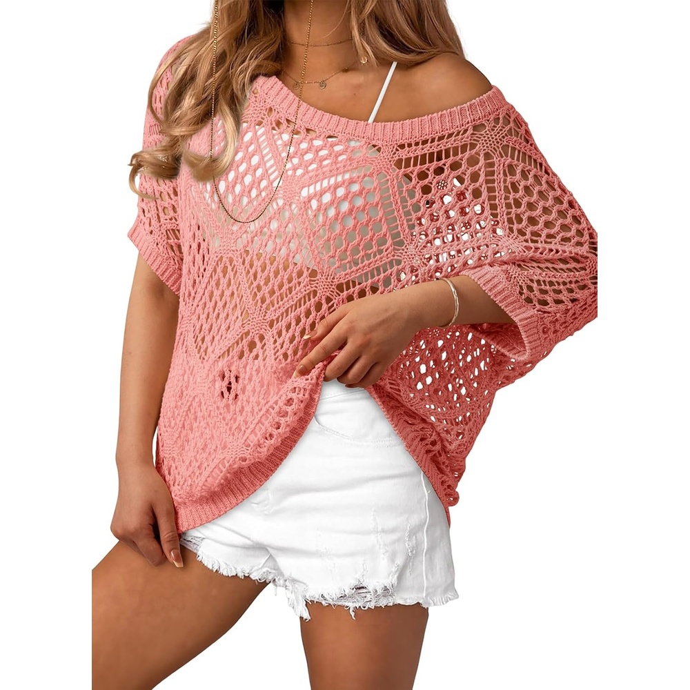 image:imageDokotoo Womens Crochet Cover Up Tops Summer Short Sleeve Off Shoulder Sweater Shirts Beach Swimsuit CoverupG Pink