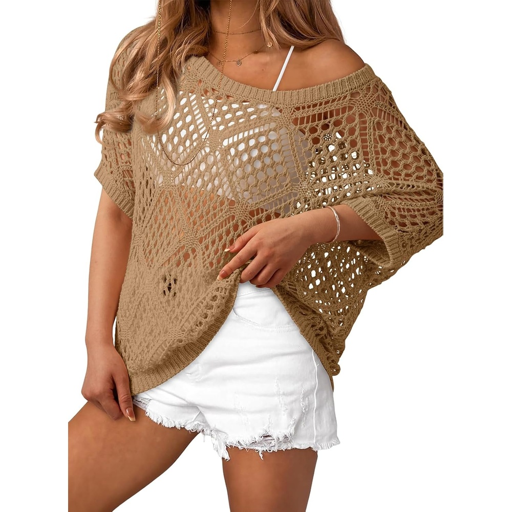 image:imageDokotoo Womens Crochet Cover Up Tops Summer Short Sleeve Off Shoulder Sweater Shirts Beach Swimsuit CoverupLight French Beige