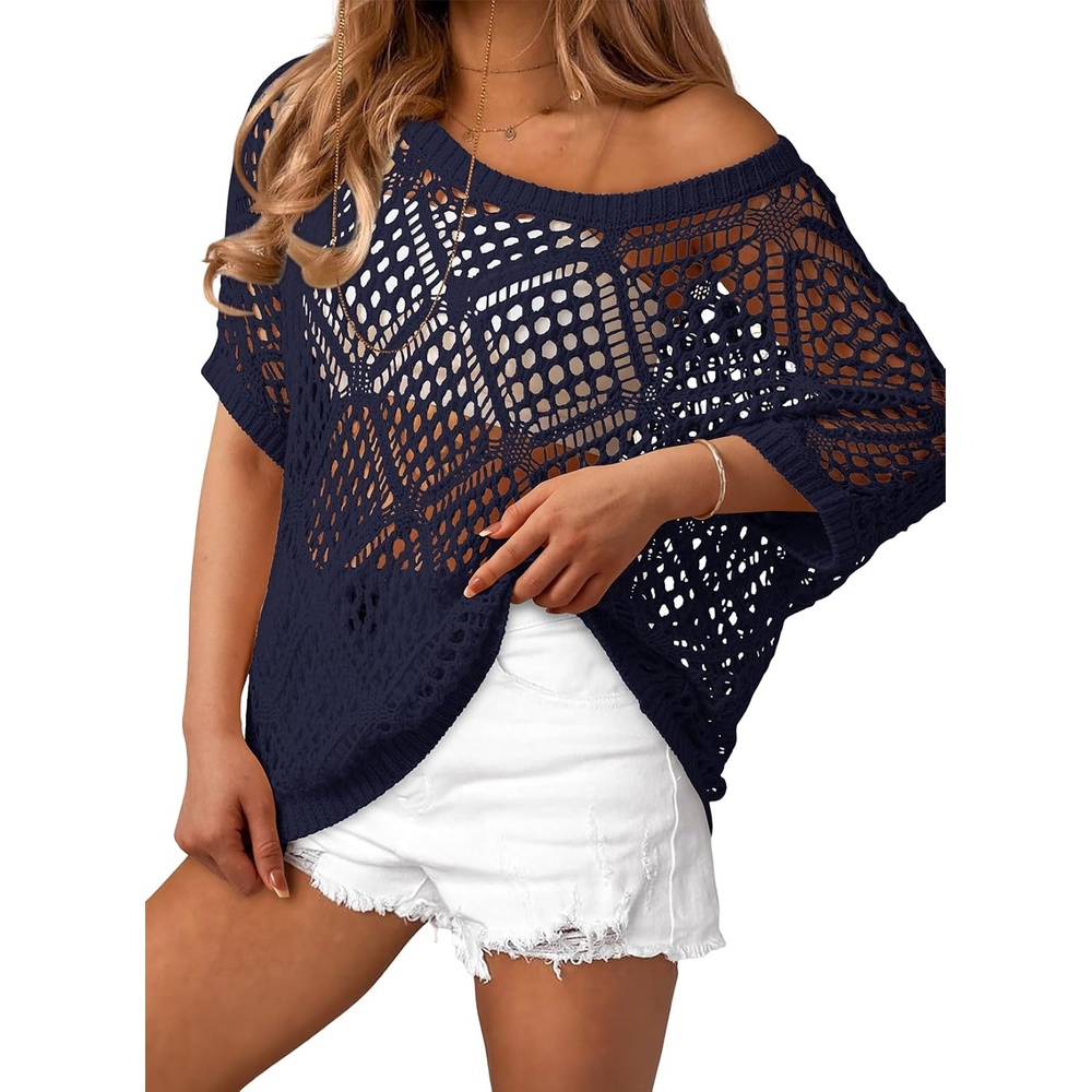 image:imageDokotoo Womens Crochet Cover Up Tops Summer Short Sleeve Off Shoulder Sweater Shirts Beach Swimsuit CoverupNavy Blue