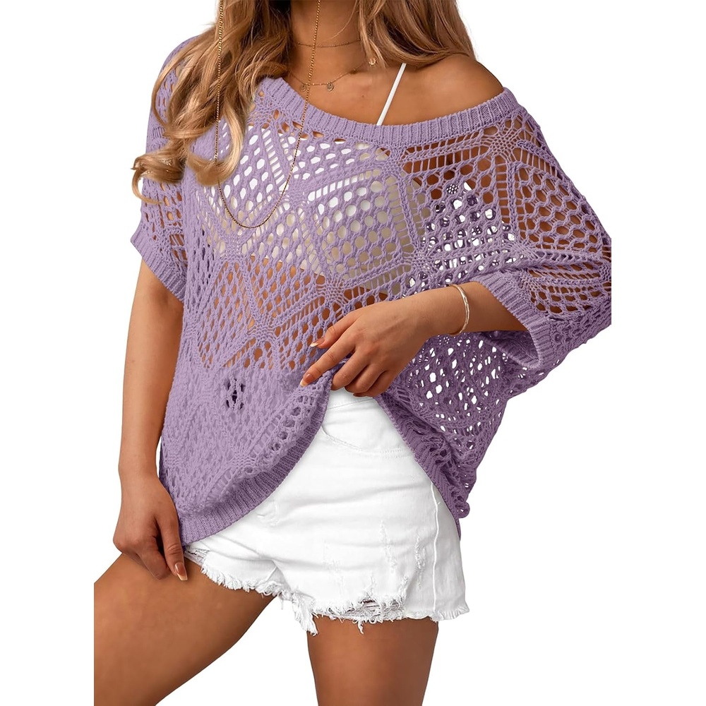 image:imageDokotoo Womens Crochet Cover Up Tops Summer Short Sleeve Off Shoulder Sweater Shirts Beach Swimsuit CoverupOrchid