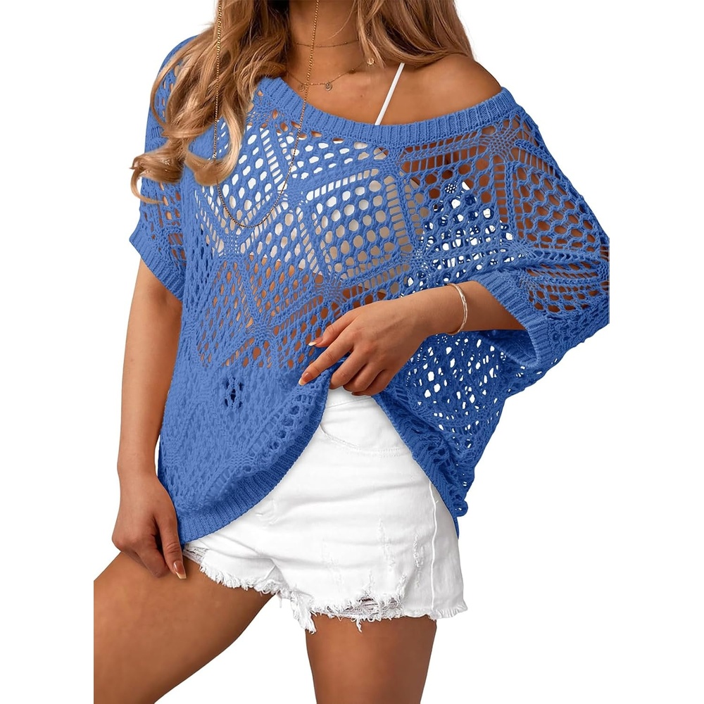 image:imageDokotoo Womens Crochet Cover Up Tops Summer Short Sleeve Off Shoulder Sweater Shirts Beach Swimsuit CoverupSky Blue