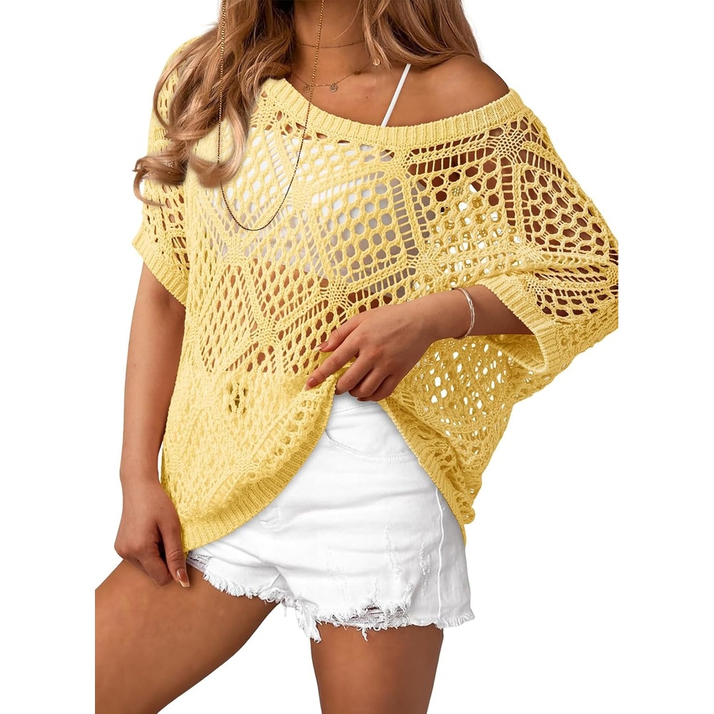 image:imageDokotoo Womens Crochet Cover Up Tops Summer Short Sleeve Off Shoulder Sweater Shirts Beach Swimsuit CoverupYellow Cream