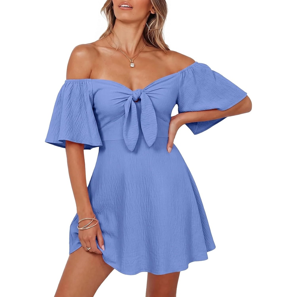 image:imageDokotoo Womens Dresses 2026 Deep V Neck Elegant Bow tie Mini Dress SXLB Sky Blue