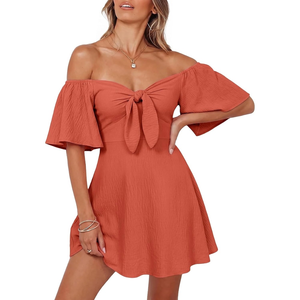 image:imageDokotoo Womens Dresses 2026 Deep V Neck Elegant Bow tie Mini Dress SXLFlamingo