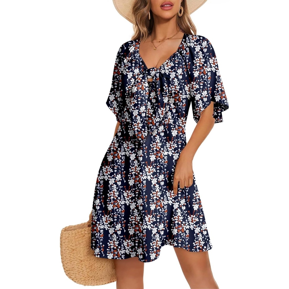 image:imageDokotoo Womens Dresses 2026 Deep V Neck Elegant Bow tie Mini Dress SXLMulticoloured F