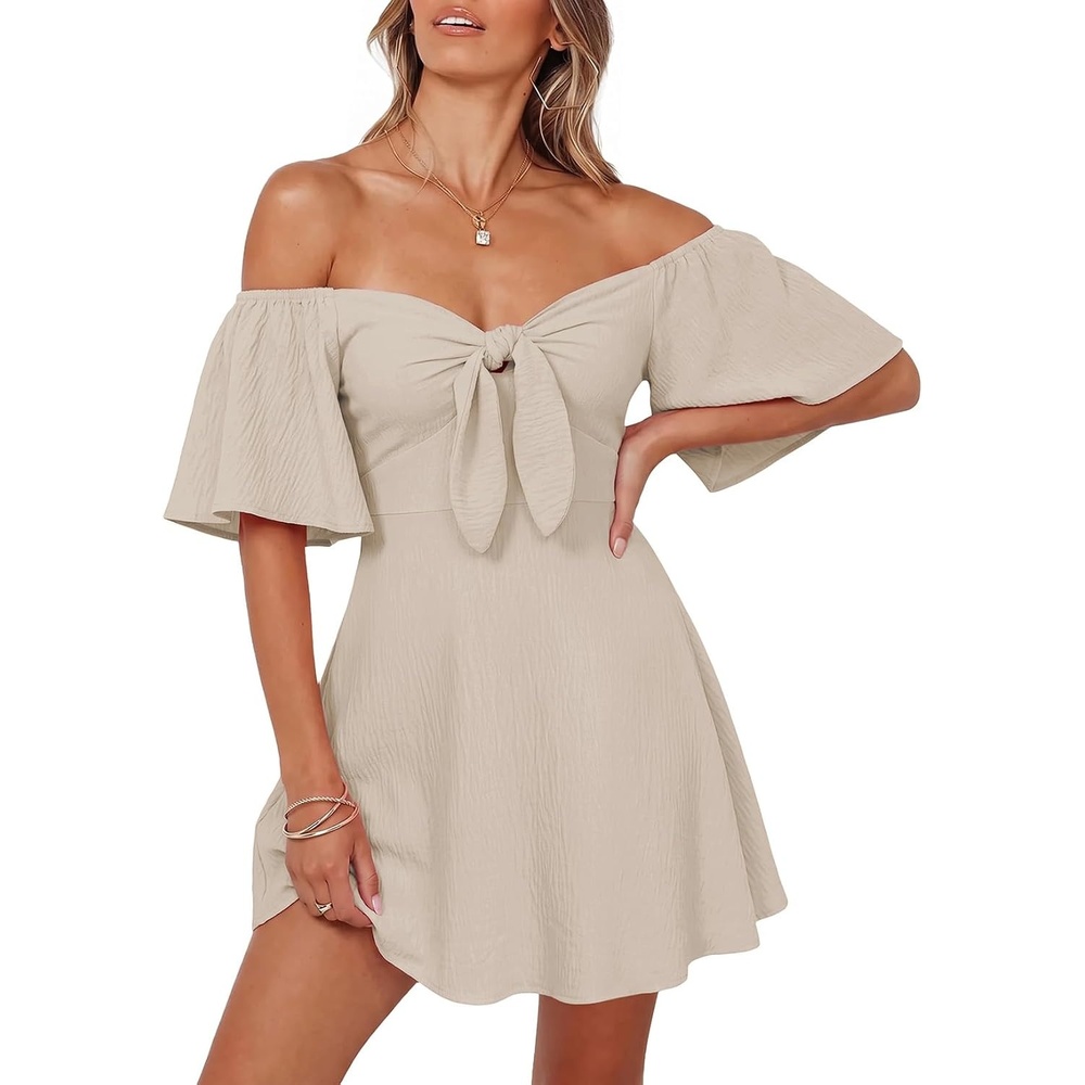 image:imageDokotoo Womens Dresses 2026 Deep V Neck Elegant Bow tie Mini Dress SXLParchment