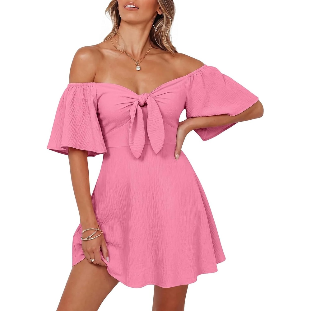 image:imageDokotoo Womens Dresses 2026 Deep V Neck Elegant Bow tie Mini Dress SXLPeach Blossom