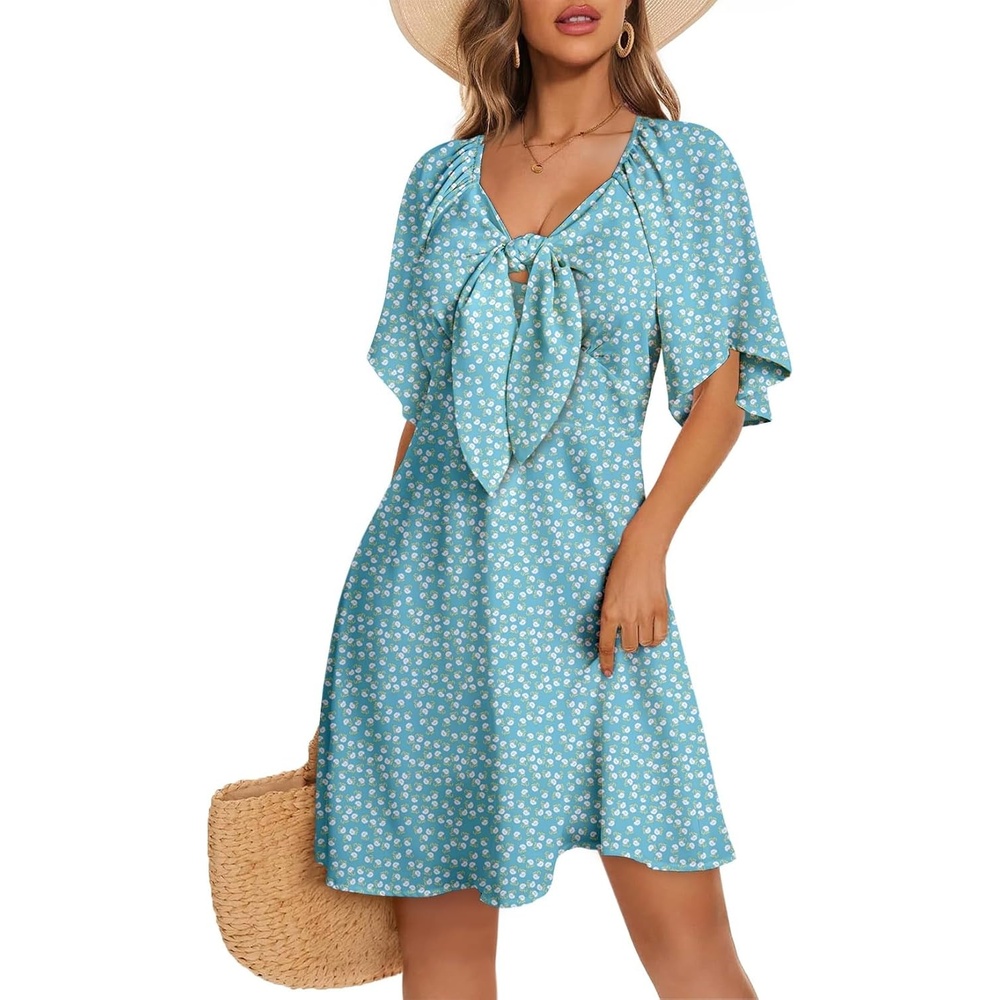 image:imageDokotoo Womens Dresses 2026 Deep V Neck Elegant Bow tie Mini Dress SXLZ Sky Blue