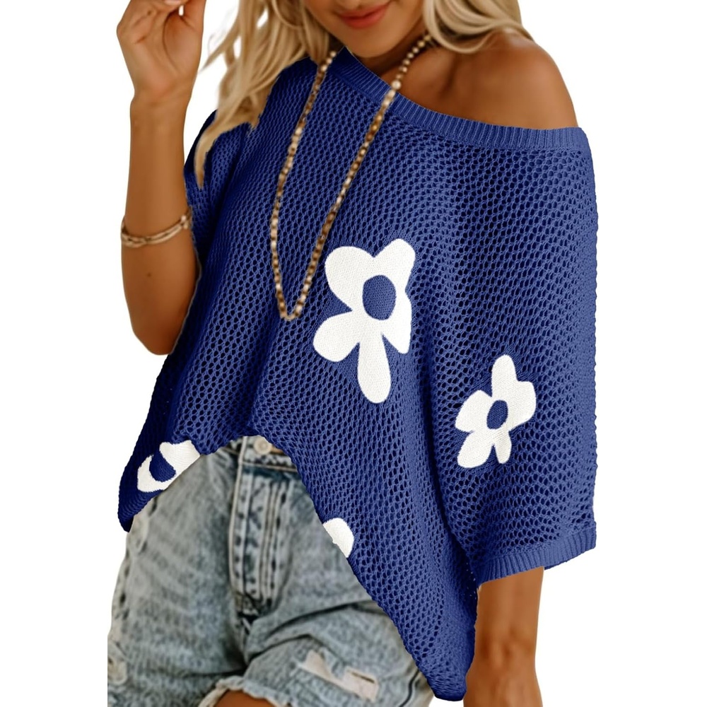 image:imageDokotoo Womens Floral Fashion Summer Tops 2026 Short Sleeve Crochet Sweaters Swimsuit Cover Ups Lightweight Knit PulloverBluing