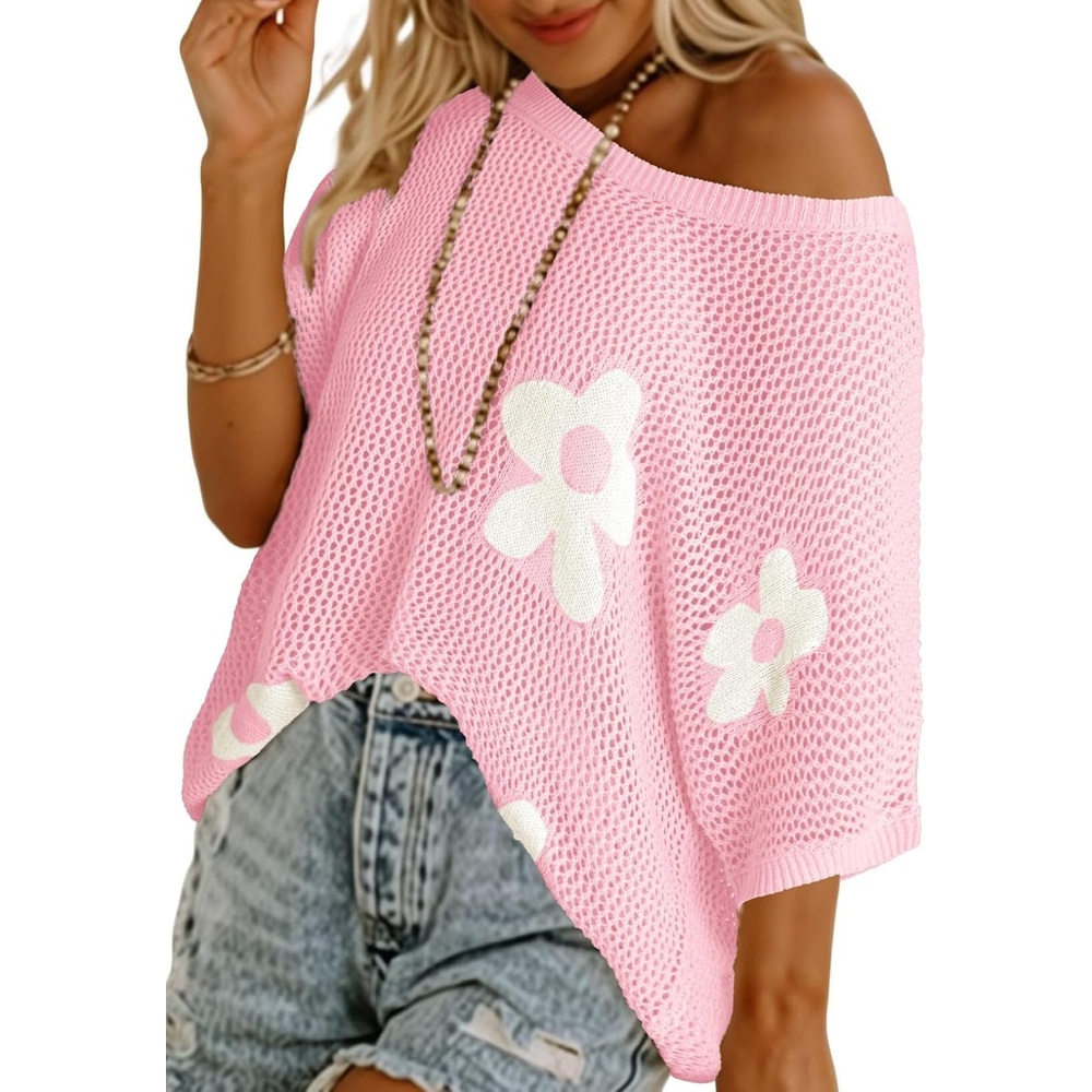 image:imageDokotoo Womens Floral Fashion Summer Tops 2026 Short Sleeve Crochet Sweaters Swimsuit Cover Ups Lightweight Knit PulloverLight Pink