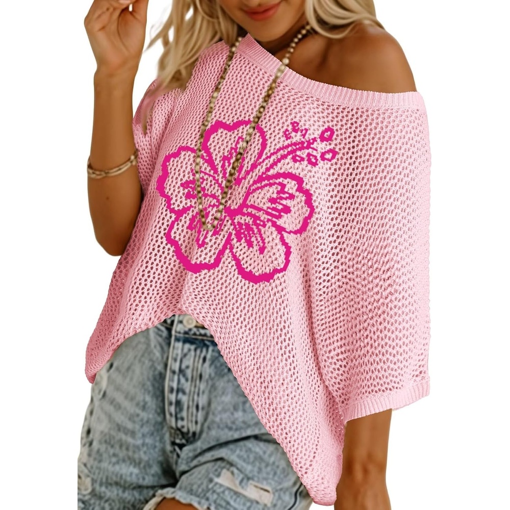 image:imageDokotoo Womens Floral Fashion Summer Tops 2026 Short Sleeve Crochet Sweaters Swimsuit Cover Ups Lightweight Knit PulloverPinkhibiscus