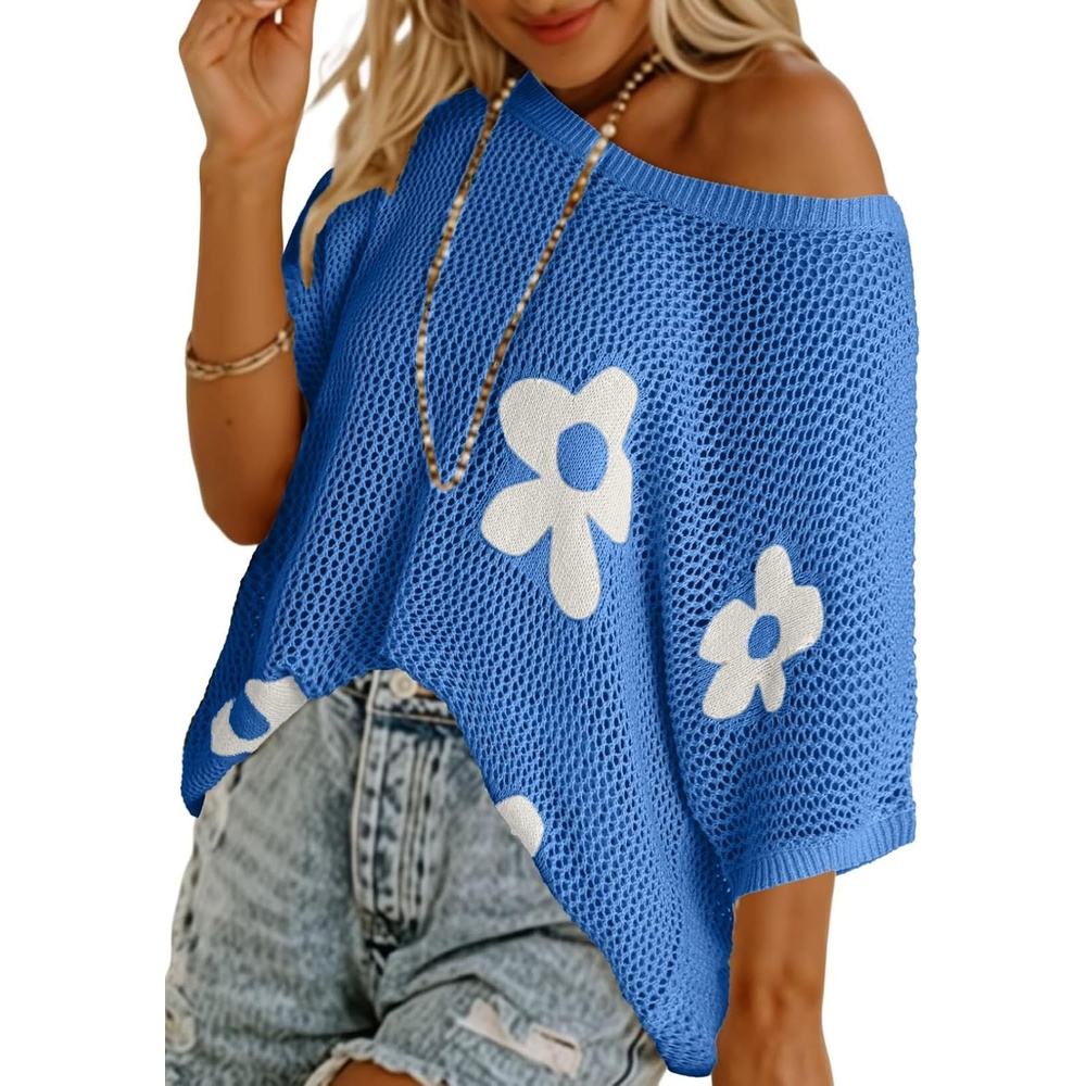image:imageDokotoo Womens Floral Fashion Summer Tops 2026 Short Sleeve Crochet Sweaters Swimsuit Cover Ups Lightweight Knit PulloverSky Blue