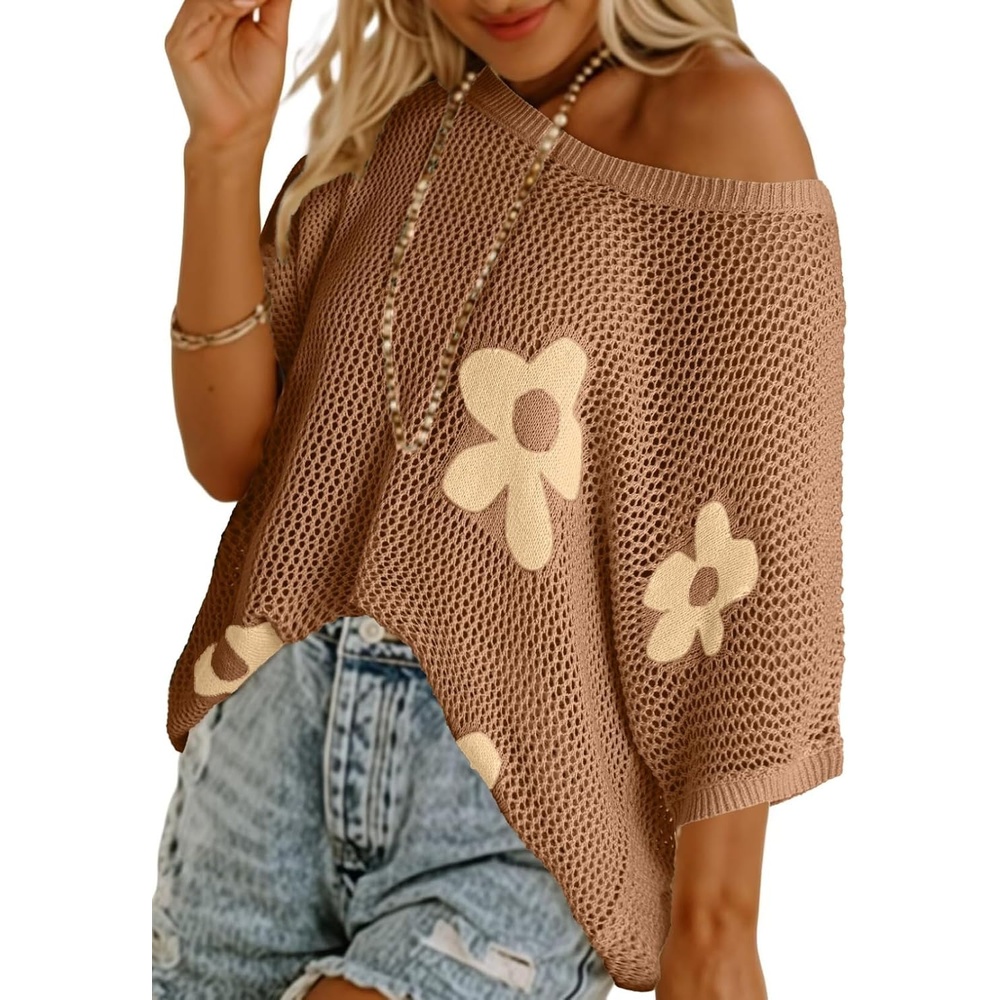 image:imageDokotoo Womens Floral Fashion Summer Tops 2026 Short Sleeve Crochet Sweaters Swimsuit Cover Ups Lightweight Knit PulloverStraw Yellow