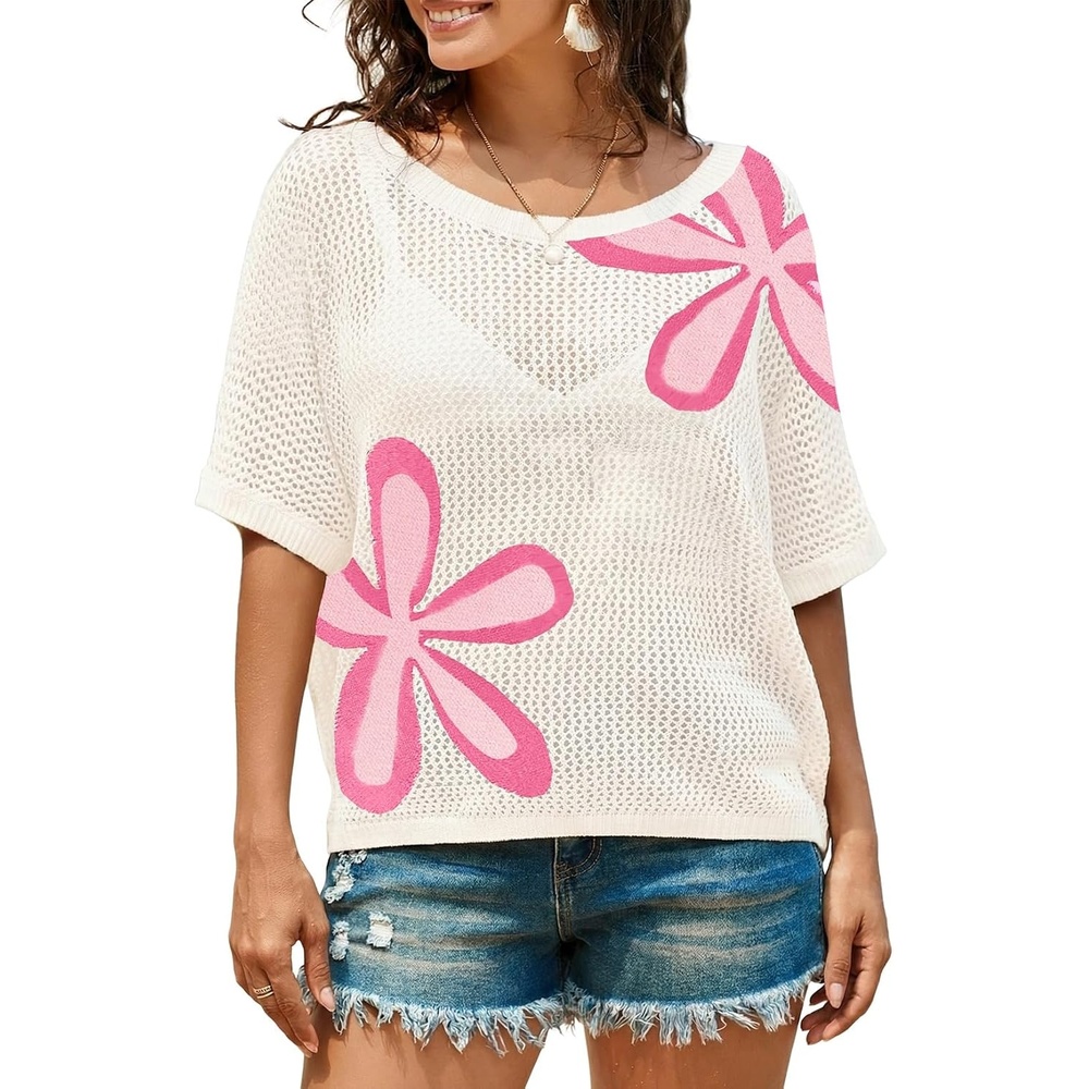 image:imageDokotoo Womens Floral Fashion Summer Tops 2026 Short Sleeve Crochet Sweaters Swimsuit Cover Ups Lightweight Knit PulloverWhitefrangipani