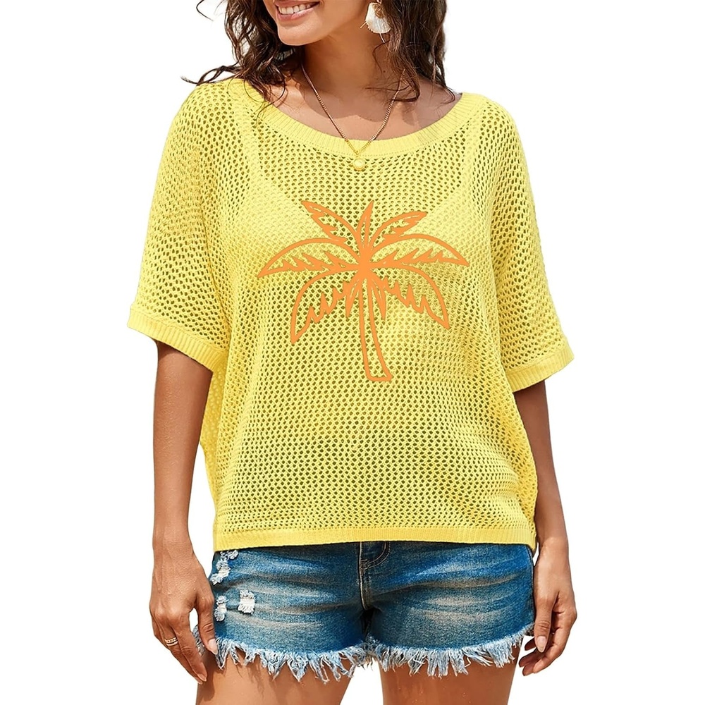image:imageDokotoo Womens Floral Fashion Summer Tops 2026 Short Sleeve Crochet Sweaters Swimsuit Cover Ups Lightweight Knit PulloverYellowcoconut Trees