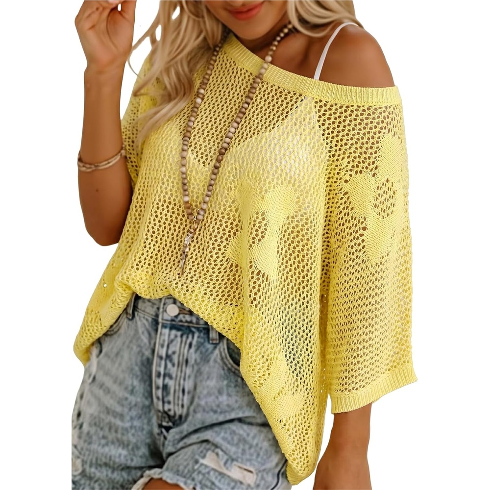 image:imageDokotoo Womens Floral Fashion Summer Tops 2026 Short Sleeve Crochet Sweaters Swimsuit Cover Ups Lightweight Knit PulloverYellowfloral