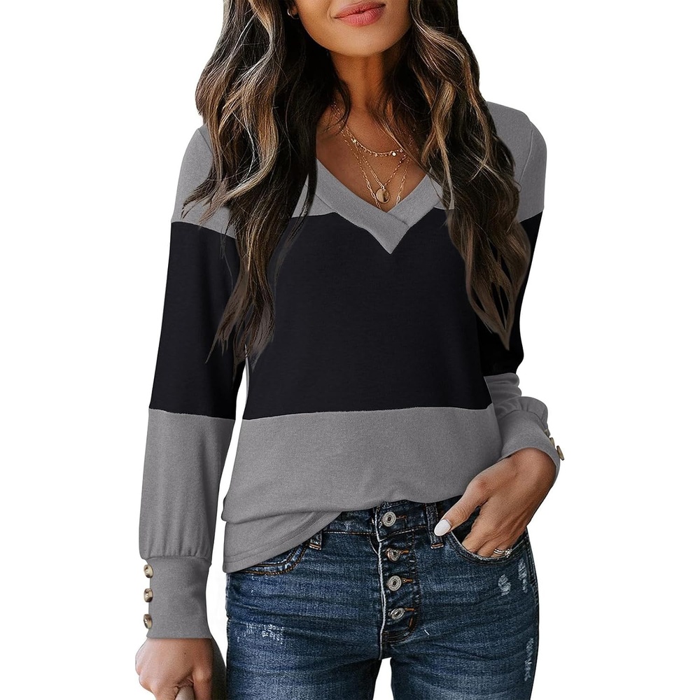 image:imageDokotoo Womens Long Sleeve Tops V Neck Color Block Pullover Casual SweaterBlack Grey